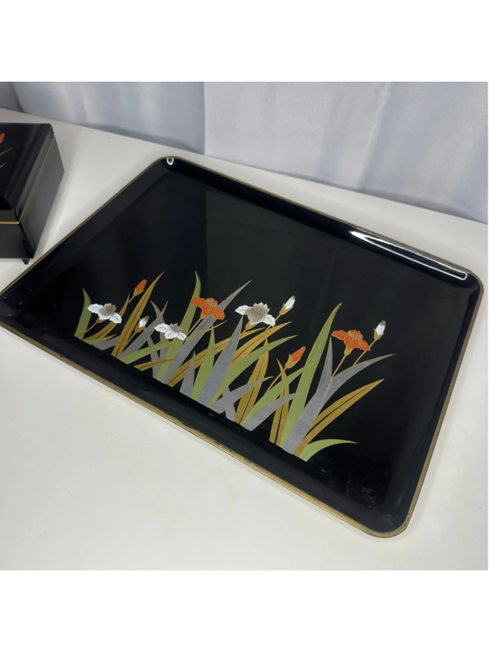 Vintage Otagiri Japan Black Lacquerware Iris Floral Serving Tray & Jewelry Box
